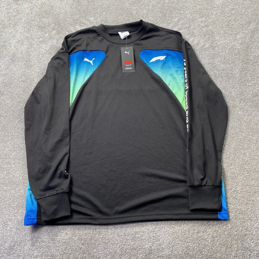 Puma F1 Oversized LS Tee Mens Medium Black Mesh Racing Graphic Shirt 631642 01